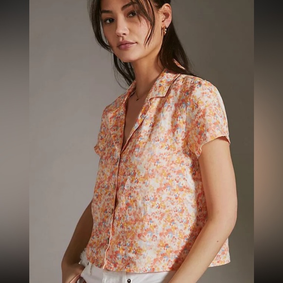 cloth & stone Tops - cloth & stone Floral Short-Sleeve Button Front Blouse in Peach Multi